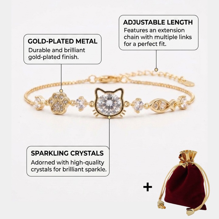 Elegáns női karkötő, macskabarát témával, cicával, manccsal és hallal, állítható, aranyozott rozsdamentes acél és cirkónia kristályok, aranyozott bársony ajándéktáskával