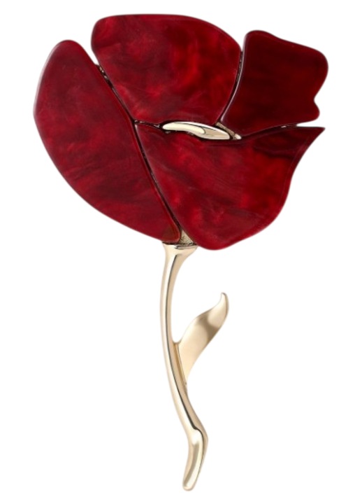 Vintage akrilgyanta bross, pipacs virág mintával, 7.5 x 4.6 cm, bordópiros színben