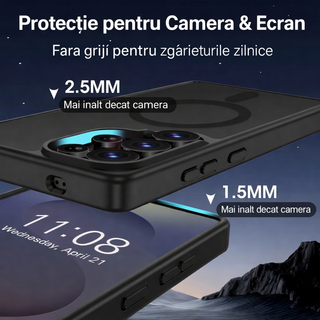 Husa Matte MagSafe pentru Samsung Galaxy S25 Ultra 5G, protectie completa, contur negru