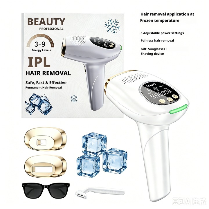 Epilator IPL 3‑in‑1 alb, epilare, reintinerire piele si tratament acnee, 3 capete interschimbabile, 9 niveluri de intensitate, senzor inteligent pentru piele, 990000 impulsuri, afisaj LCD, epilare nedureroasa, pentru femei si barbati