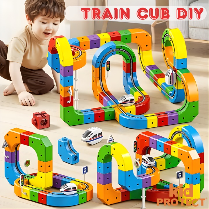 Circuit Trenulet Rasturnat de Jucarie Electric Pentru Copii KidProtect® Cube Train, Traseu Ajustabil Diferite Forme, 81 Piese, Acumulator, Incarcare USB, Cadou Fetite Baieti 3 4 5 6 7 Ani, Multicolor