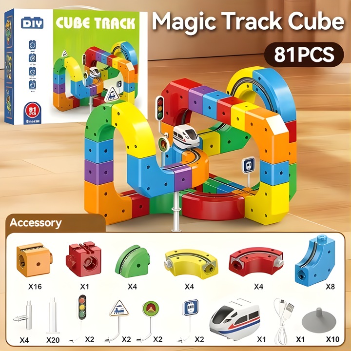 Електрически влакчета KidProtect® Cube Train, Регулируема писта с различни форми, 81 части, Акумулаторна батерия, USB зареждане, Подарък за момичета и момчета на 3 4 5 6 7 години, Многоцветен
