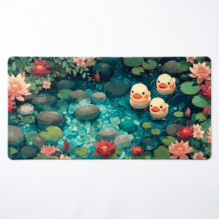 Mousepad Gaming XXL, Artinplace, 900x400x4mm, Design Rate si Nuferi, Baza Cauciuc Antialunecare, Margini Cusute, Suprafata Textila, Spalare Usoara, Compatibil Mouse Wireless si Bluetooth, Desk Mat Birou, Multicolor