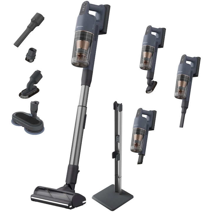 Aspirator vertical Electrolux Seria 900 EP91B21WET, autonomie max 90 min, baterie 4,4 Ah, filtrare multi-ciclonica, stand incarcare, perie AllFloor Power cu motor si lumina LED 360, accesorii suprafete delicate si spatii inguste, albastru