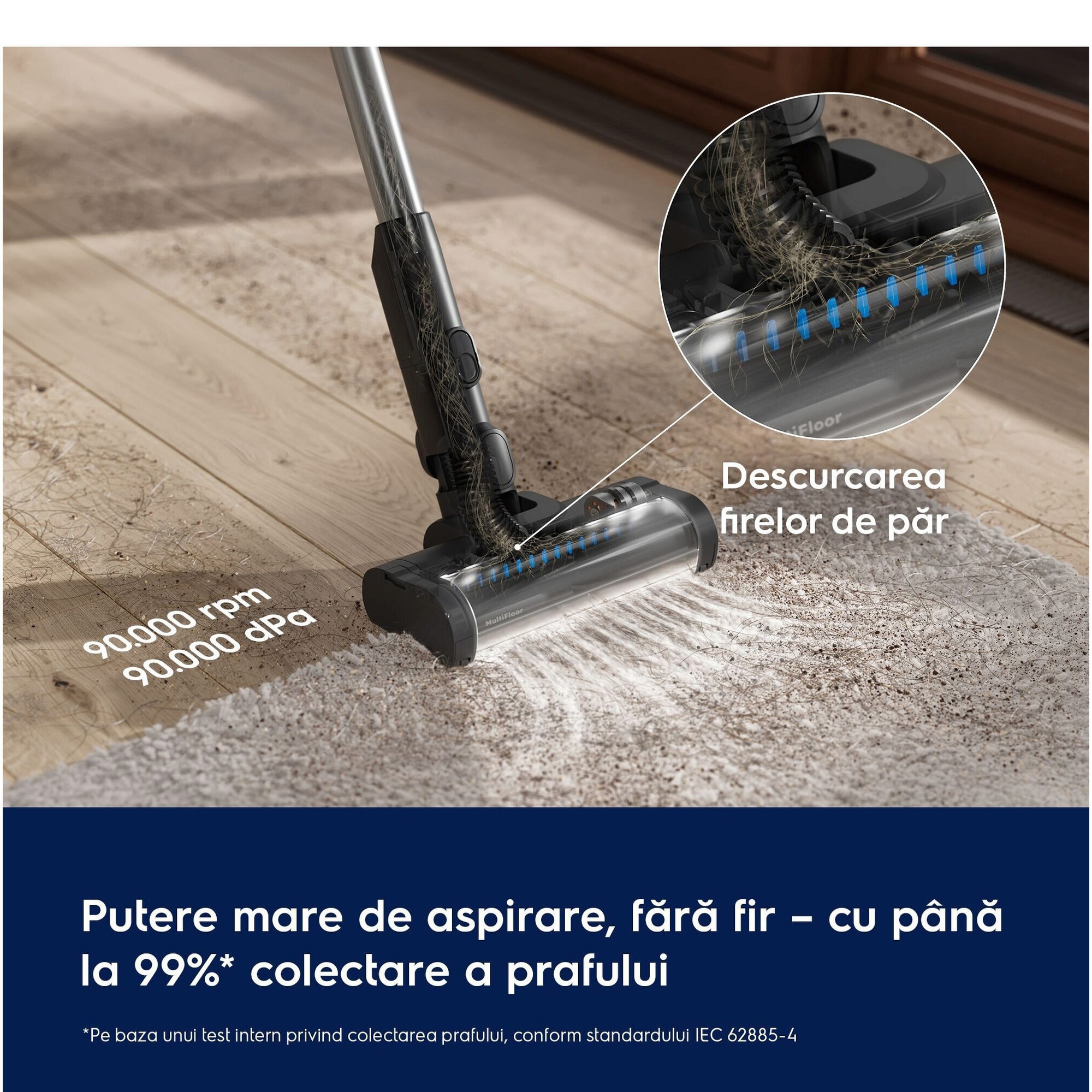 Aspirator vertical Electrolux Seria 500 EP51AH18SW, doar 1,9 kg total, autonomie max 60 min, perie MultiFloor cu lumina LED si design anti-incurcare a firelor de par, perie PET, duze pentru zone inguste si tapiterie, alb scoica
