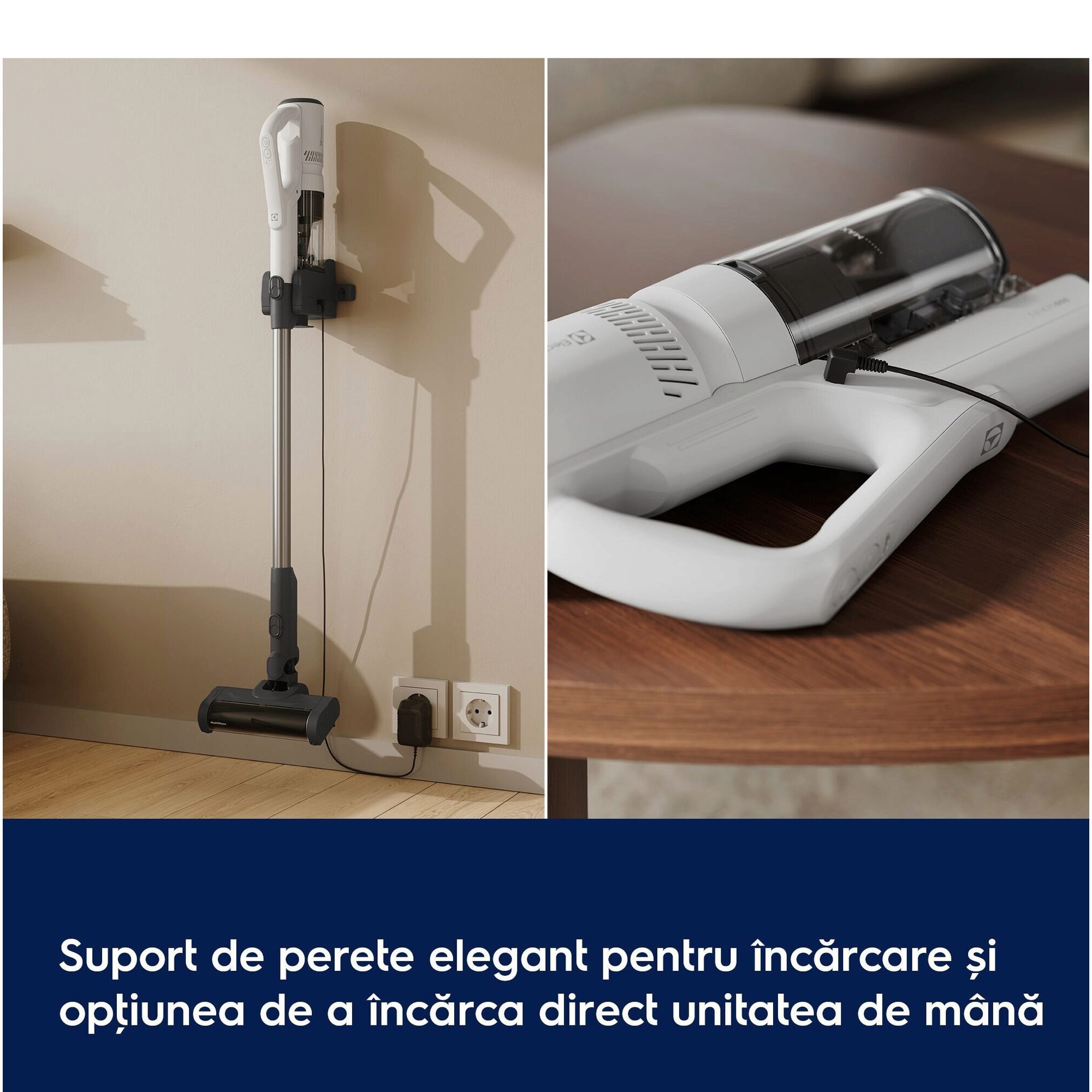 Aspirator vertical Electrolux Seria 500 EP51AH18SW, doar 1,9 kg total, autonomie max 60 min, perie MultiFloor cu lumina LED si design anti-incurcare a firelor de par, perie PET, duze pentru zone inguste si tapiterie, alb scoica