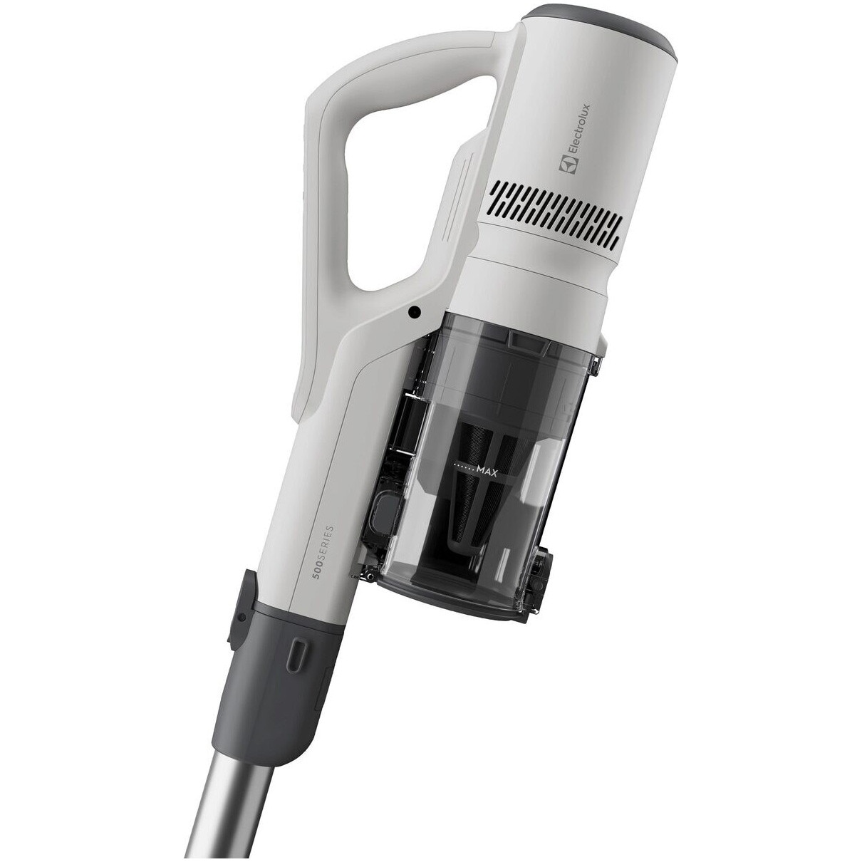 Aspirator vertical Electrolux Seria 500 EP51AH18SW, doar 1,9 kg total, autonomie max 60 min, perie MultiFloor cu lumina LED si design anti-incurcare a firelor de par, perie PET, duze pentru zone inguste si tapiterie, alb scoica