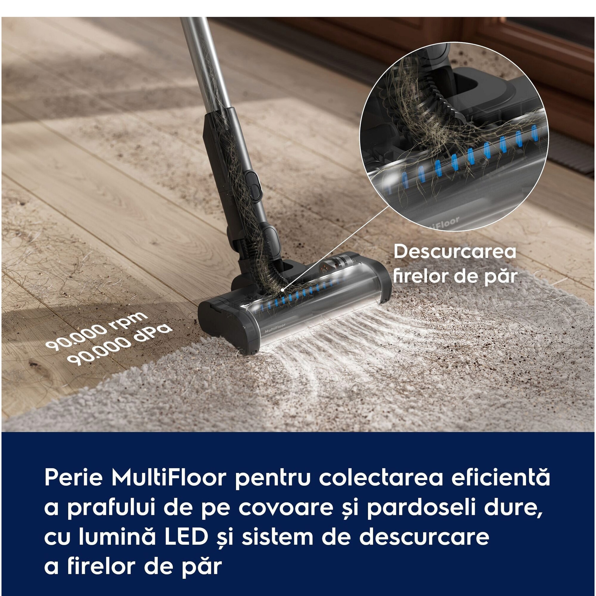 Aspirator vertical Electrolux Seria 500 EP51AH18SW, doar 1,9 kg total, autonomie max 60 min, perie MultiFloor cu lumina LED si design anti-incurcare a firelor de par, perie PET, duze pentru zone inguste si tapiterie, alb scoica