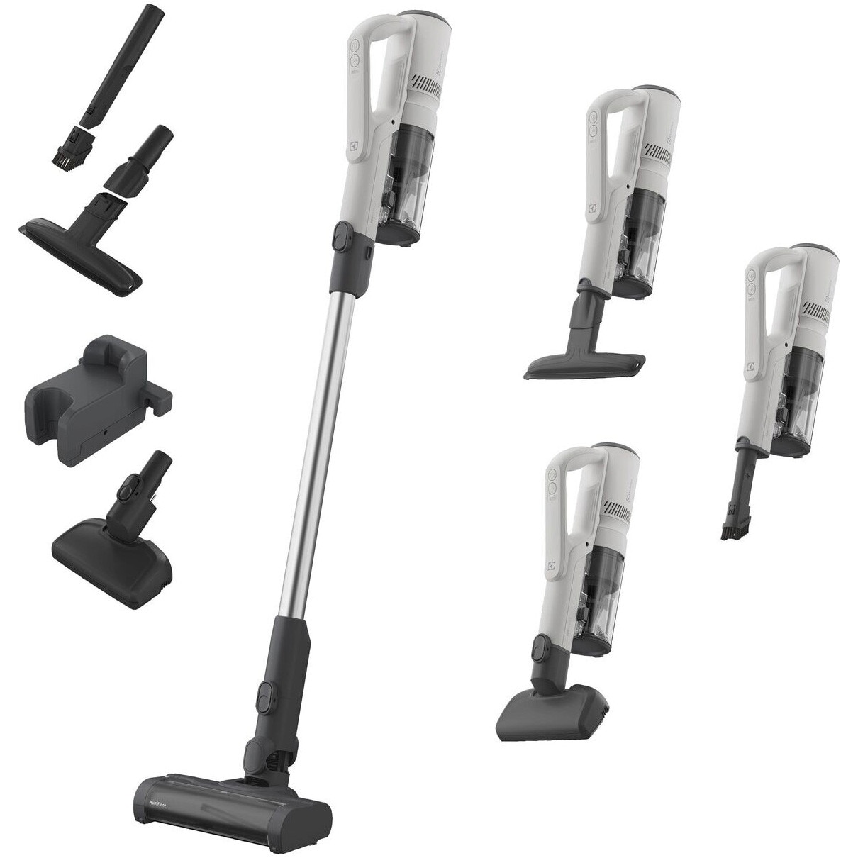 Aspirator vertical Electrolux Seria 500 EP51AH18SW, doar 1,9 kg total, autonomie max 60 min, perie MultiFloor cu lumina LED si design anti-incurcare a firelor de par, perie PET, duze pentru zone inguste si tapiterie, alb scoica