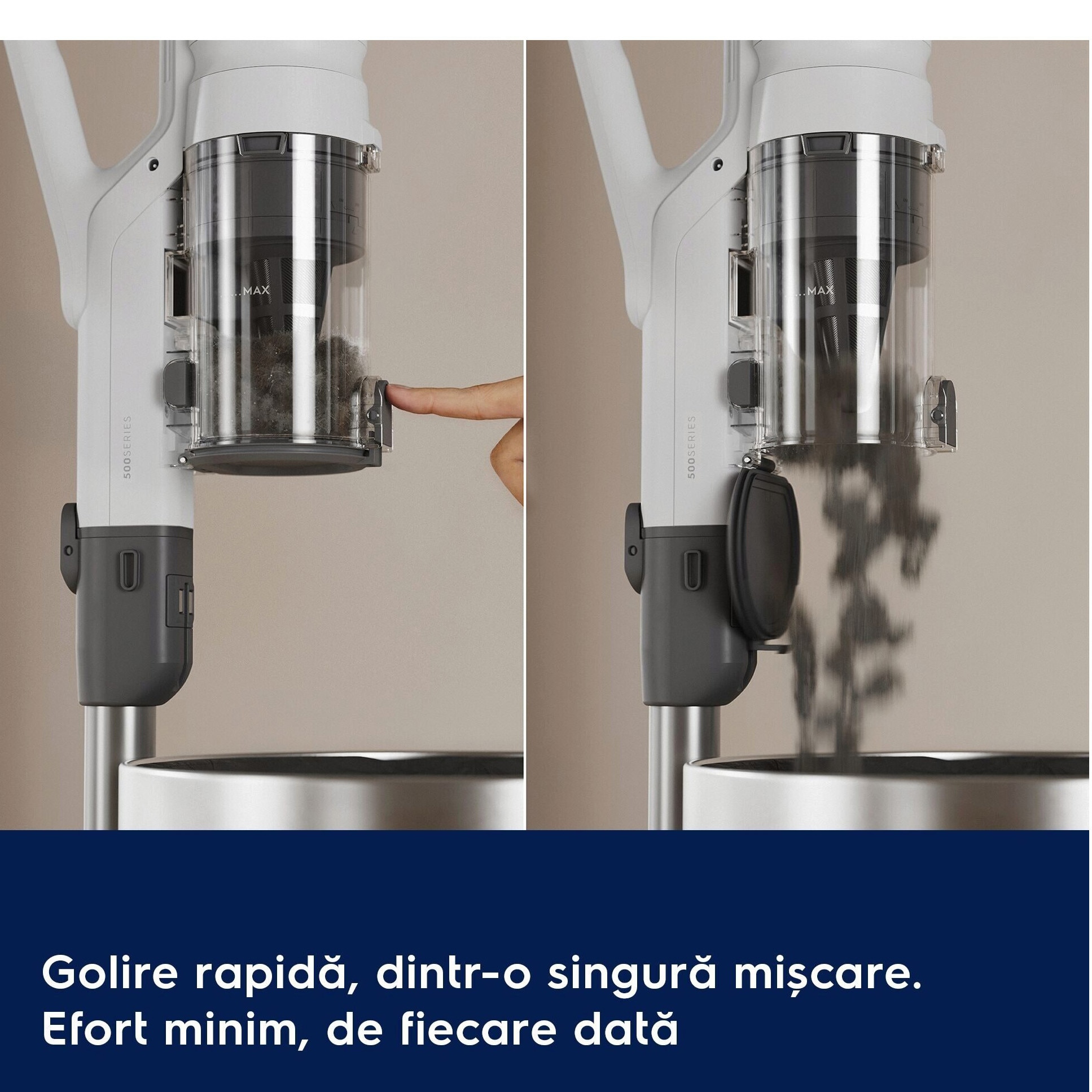 Aspirator vertical Electrolux Seria 500 EP51AH18SW, doar 1,9 kg total, autonomie max 60 min, perie MultiFloor cu lumina LED si design anti-incurcare a firelor de par, perie PET, duze pentru zone inguste si tapiterie, alb scoica