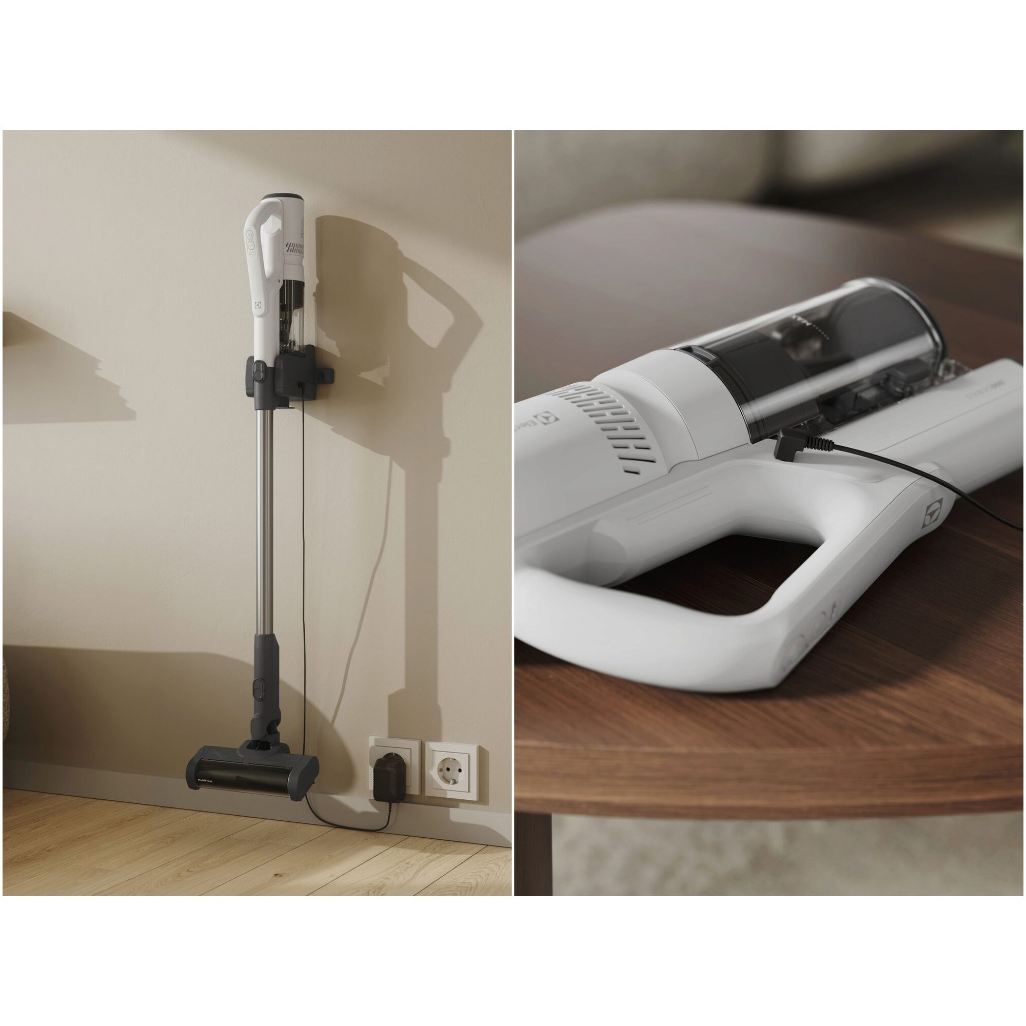 Aspirator vertical Electrolux Seria 500 EP51AH18SW, doar 1,9 kg total, autonomie max 60 min, perie MultiFloor cu lumina LED si design anti-incurcare a firelor de par, perie PET, duze pentru zone inguste si tapiterie, alb scoica