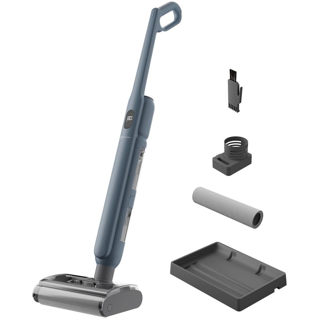 Aspirator vertical cu spalare Electrolux Seria 500 WET EW51U1DB, functie autocuratare, pana la 55 min autonomie, baza pentru incarcare, auto-curatare si depozitare, doar 68 dBA, albastru denim