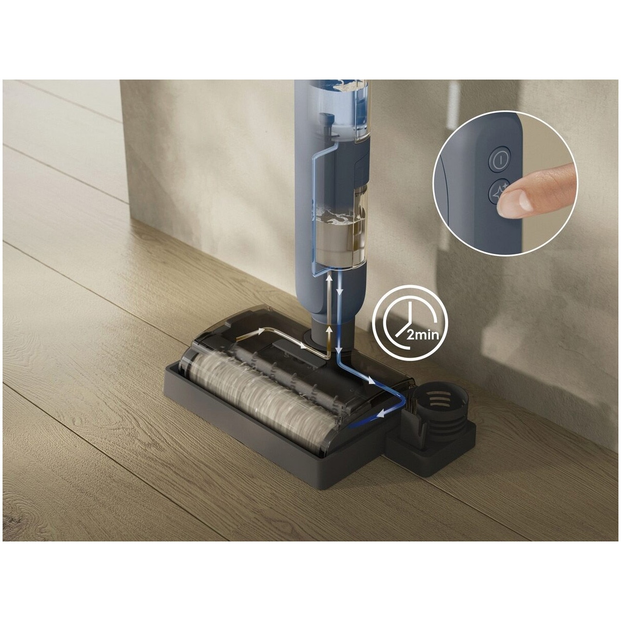 Aspirator vertical cu spalare Electrolux Seria 500 WET EW51U1DB, functie autocuratare, pana la 55 min autonomie, baza pentru incarcare, auto-curatare si depozitare, doar 68 dBA, albastru denim
