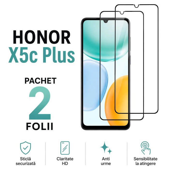 Set 2 Folii de Protectie din Sticla securizata pentru Honor X5c Plus cu kit de montare inclus - Claritate Ultra HD, Adeziv pe toata suprafata, Protectie Anti-Zgarieturi si Socuri
