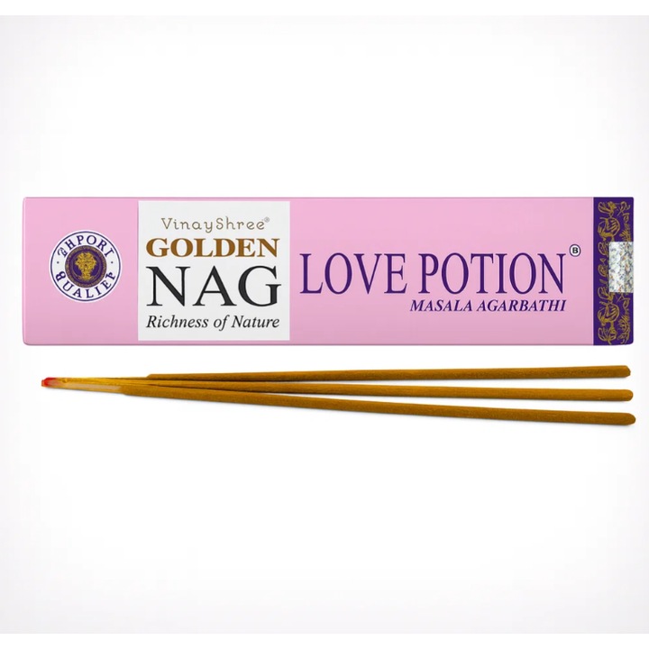 Golden NAG Love Potion természetes tömjén illatpálcikák, mérgező anyagoktól mentes aroma, kb. 12-15 db/csomag, 15g, Vijayshree, származási hely India