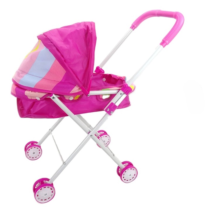 Carucior pentru papusi pliabil, cadru metalic alb, textil fucsia, 50x40x30cm