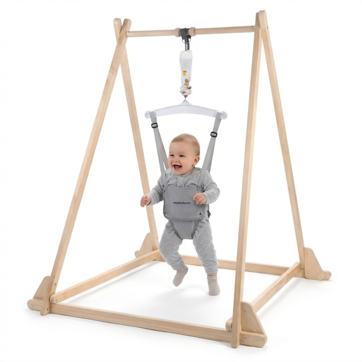 Jumper bebeluși din lemn Mamabrum, pliabil, suport reglabil, 120x110x133cm, 3 luni-2,5 ani