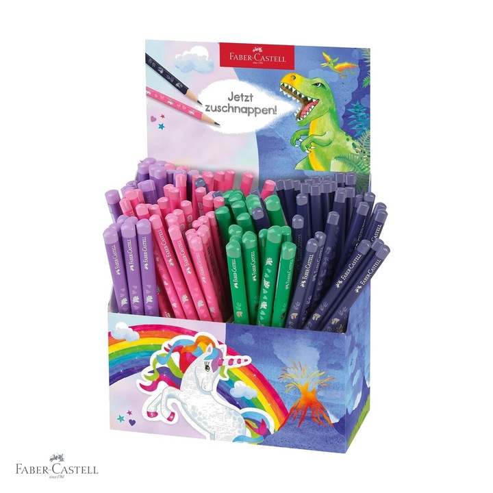Display 120 creioane grafit Faber-Castell standard si Jumbo HB, motive unicorni si dinozauri, pentru copii