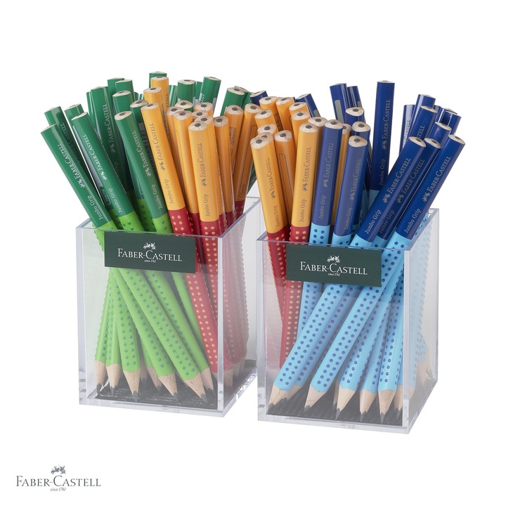 Set 72 creioane grafit Jumbo Two Tone Faber-Castell, forma triunghiulara ergonomica, mina B, pentru copii