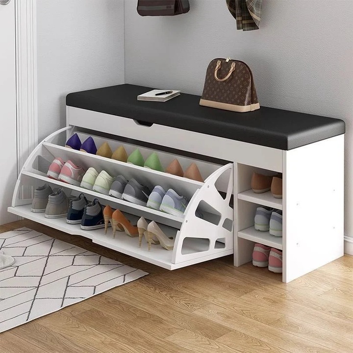 Vivendo Cipősszekrény Pad Típusú Polcokkal 100x30x51cm Fehér Összecsukható Tároló