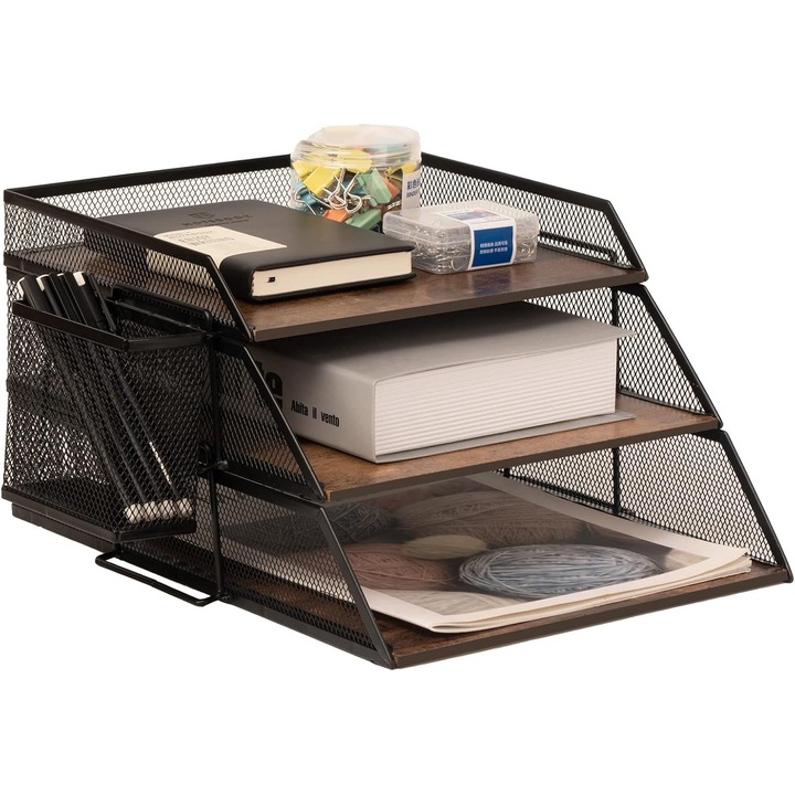 Organizator documente birou Marbrasse, 3 nivele, metal si lemn, 33 x 25 x 33 cm, stil vintage, negru