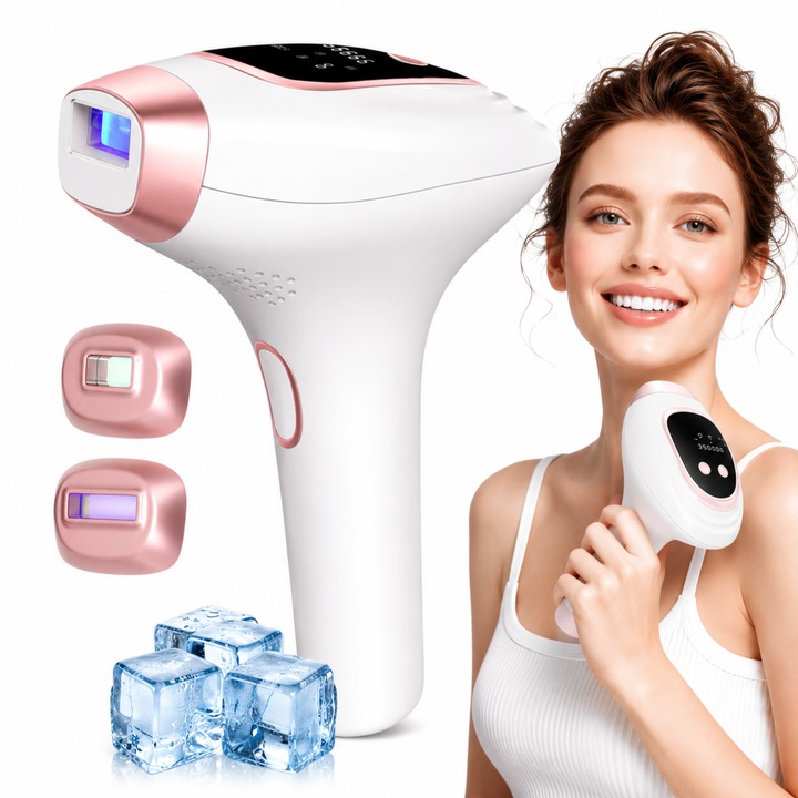 Epilator IPL Multifunctional IBESPHERE™ – 9 Niveluri Energie, Moduri HR/SC/RA, Racire 4-10°C, 999.999 Impulsuri, Epilare Definitiva Fara Durere, Rezultate Vizibile In 2 Saptamani, Fata, Brate, Picioare si Corp, Alb/Roz