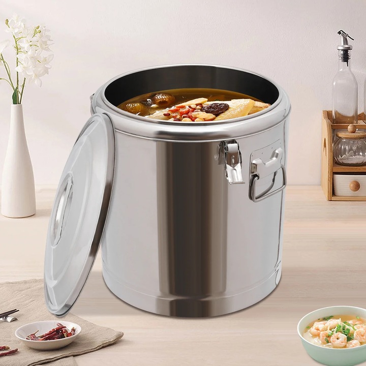 Recipient termic, Container alimentar izolat, 32 l, Otel inoxidabil, Cu capac, Pastreaza cald/rece pana la 8 ore, 36, 5 x 45, 5 cm, Argintiu
