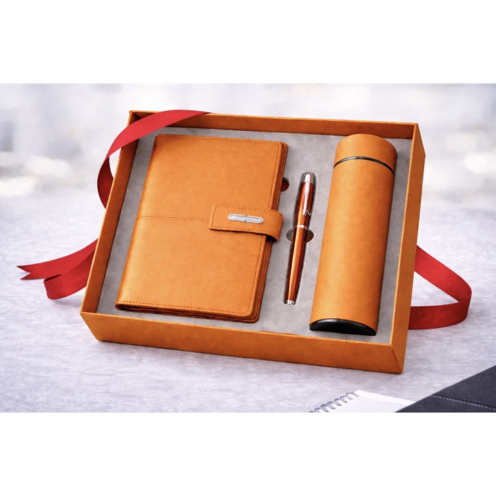 Set cadou elegant, agenda A5, termos inox 500 ml, pix metalic, portocaliu, 3 piese