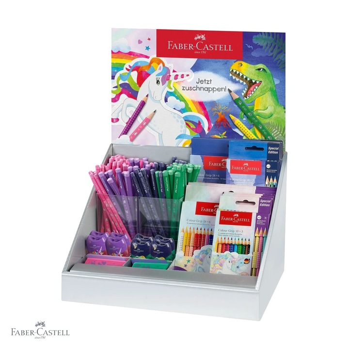 Display creioane Faber-Castell, motive unicorni si dinozauri, set complet pentru copii