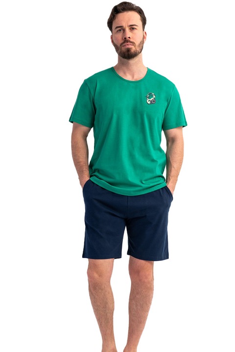 Vienetta Man férfi pizsama, Moto Ride modell, Zöld/Tengerészkék