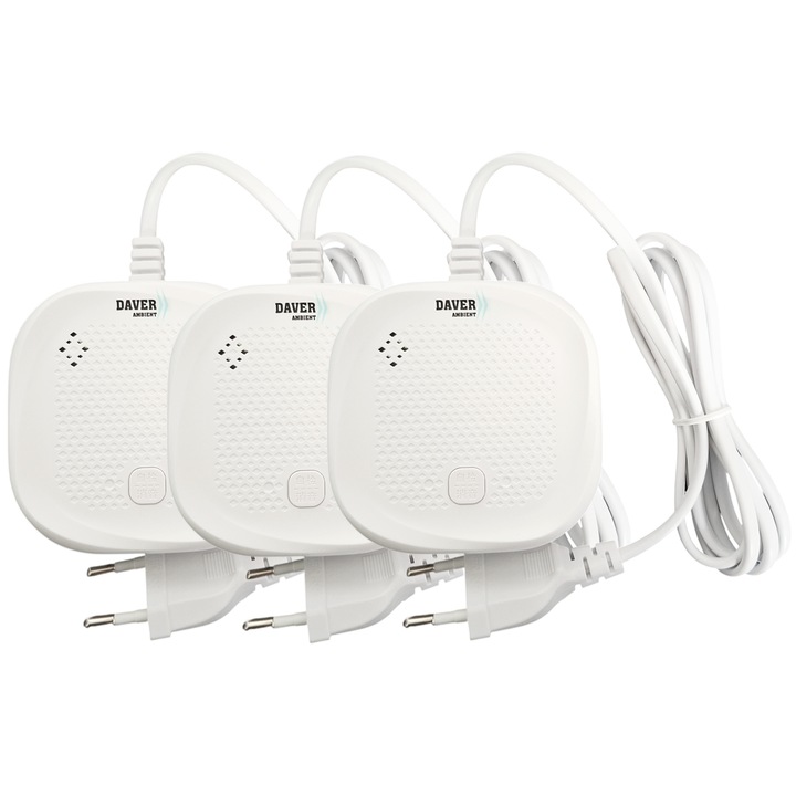 Set cu trei detectoare Smart, Daver, cu senzori WIFI de gaz, alimentare 220V/50Hz, control prin aplicatia SmartLife, 2,4 GHz wireless