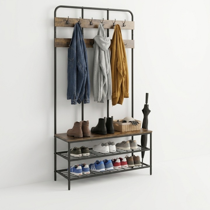 Cuier Hol Multifunctional cu Rafturi pentru Incaltaminte, Agatatori, Cadru Metalic, Lemn, 186 x 40 x 100 cm, Maro/ Negru