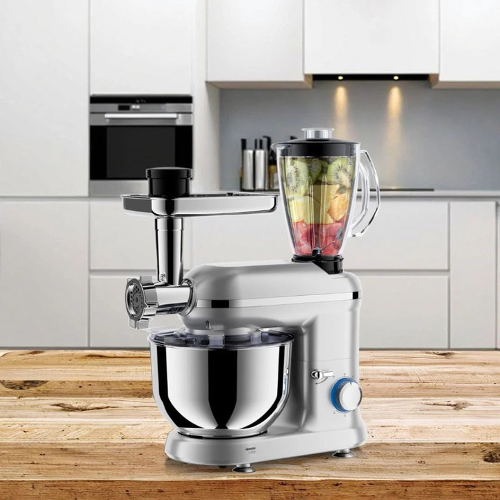 Robot de Bucatarie Vivendo 1400w Bol Inox 5.5l Mixer Blender Tocator Multifunctional Argintiu cu 6 Viteze