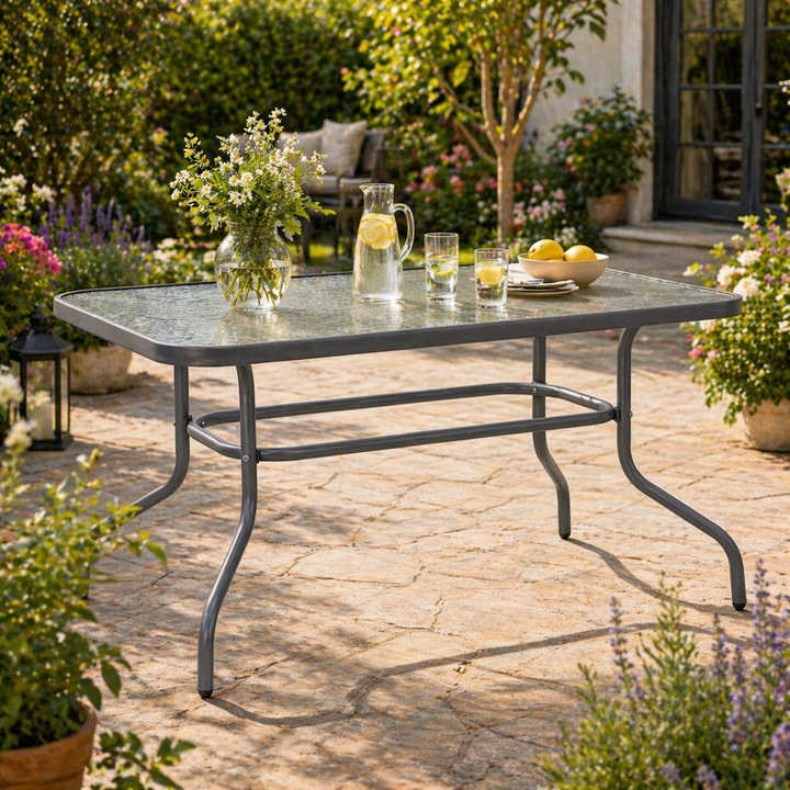 Masa gradina, VivaDeco, model Valor, metal si sticla securizata, Gri, 110 x 60 x 70 cm