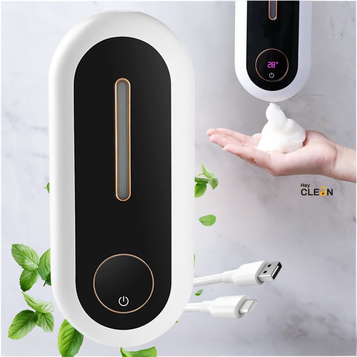Dozator Sapun Lichid cu Spuma Hey CLEAN, dispenser cu senzor automat, fara atingere, 3 nivele de dozaj, Montaj pe perete fara gaurire, Incarcare cu USB, Display LED, Indicator temperatura camera, Capacitate 450 ml, Impermeabil IPX4, Alb-Negru