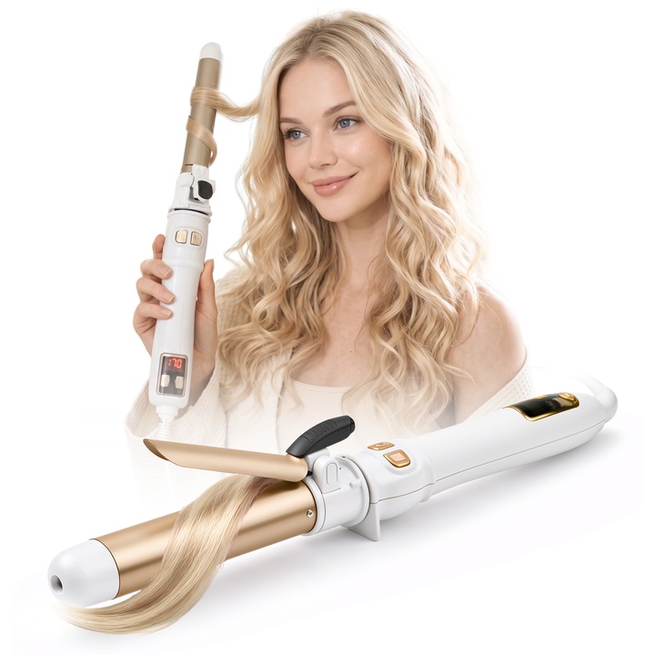 Automata Hajgöndörítő, Kúpos Forgó Hajgöndörítő, Kerámia Bevonat, 25mm, Bal/Jobb Forgásirány Vezérlés, Fejlett Védelem, Tartós Hullámok, Digitális Kijelző, Állítható Hőmérséklet 100-230 Fok, Gyors Felmelegedés, Fehér/Arany, Jovieli