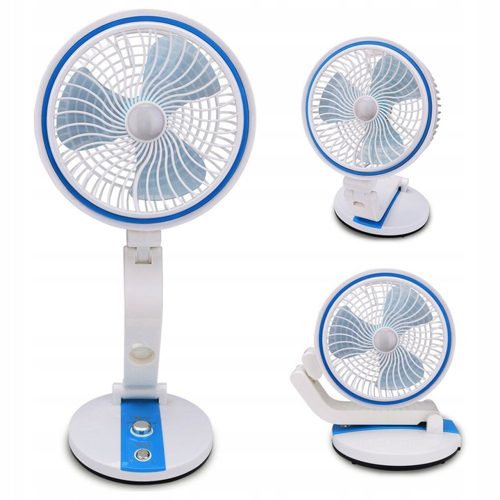 Ventilátor Verk Group összecsukható, vezeték nélküli, LED lámpával, hordozható 3000mAh akkumulátorral és USB töltéssel, kék, 1 db