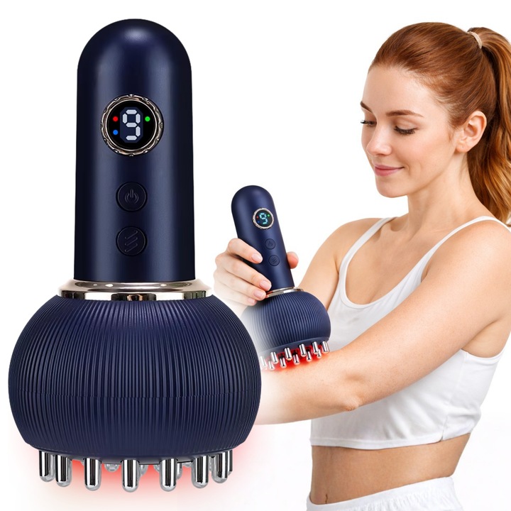 Aparat de Masaj Profesional 4in1, Dispozitiv pentru Masaj cu Caldura si Electrostimulare, Masaj Anticelulitic, Masaj Relaxare, 9 Niveluri Intensitate, Terapie Lumina Rosie, Vibratie Caldura Electrozi, Incalzire Constanta 45-55 Grade, Reincarcabil, Jovieli