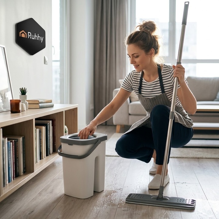 Mop plat cu galeata dubla RUHHY, Galeata 11 L, sistem stoarcere fara maini, cap rotativ 360°, 3 rezerve incluse, 130 cm, Otel inoxidabil + PP + TPE + poliester + nailon, Alb / Negru