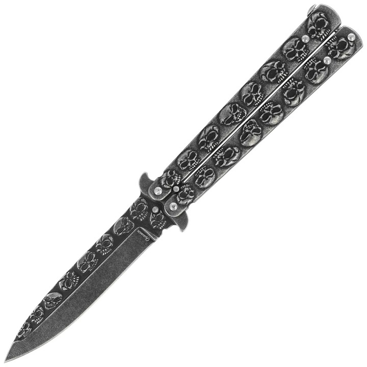 Cutit Fluture, Martinez Albainox, 02184, Lama Din Otel 3Cr13Mov, Finisaj Stonewashed, Maner Simetric Cu Motiv De Cranii, Lama Tip Spear Point, Gri