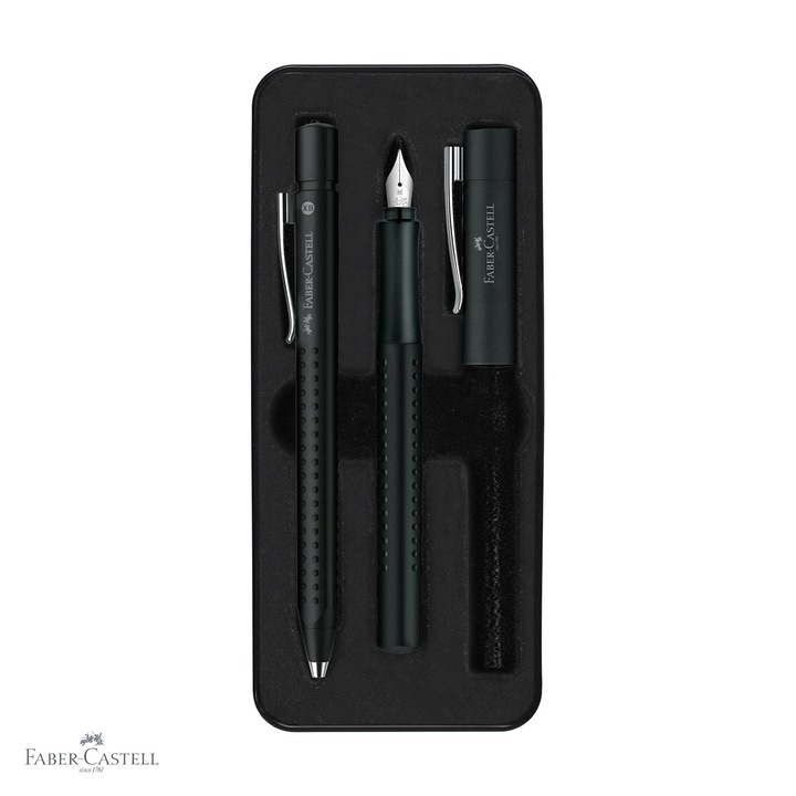 Set stilou si pix Faber-Castell Grip 2011 negru, penita inox M, grip cauciucat, pentru dreptaci si stangaci