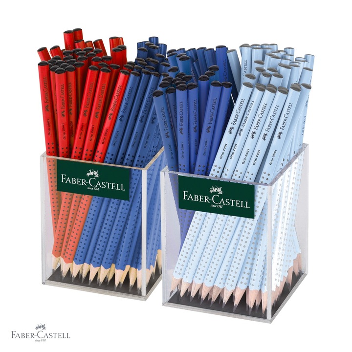 Set 144 creioane grafit fara guma Faber-Castell Grip 2001, forma triunghiulara ergonomica, rosu-albastru-bleu, display cutie plastic