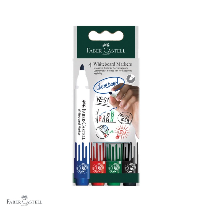 Set 4 markere whiteboard Faber-Castell W20, varf 2, 25 mm, cerneala pe baza de apa, pentru tabla alba