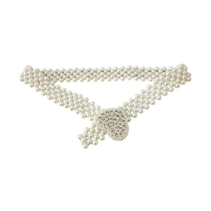Curea dama eleganta din perle albe, Pearl Garden, accesoriu talie elastic ivory cu catarama cristale inima, VELVE