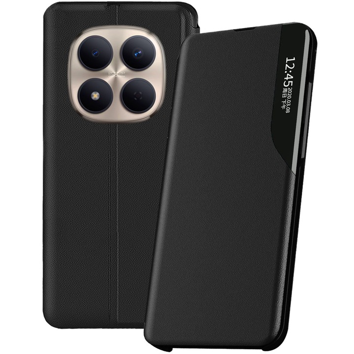 Husa carte pentru Xiaomi Redmi Note 15 5G, Piele ecologica, PU Leather Smart View, Interior microfibra, Functie stand, Rama de plastic antisoc, Acoperire fata-spate, Functie inteligenta ceas digital, compatibila Always-On Display, Negru