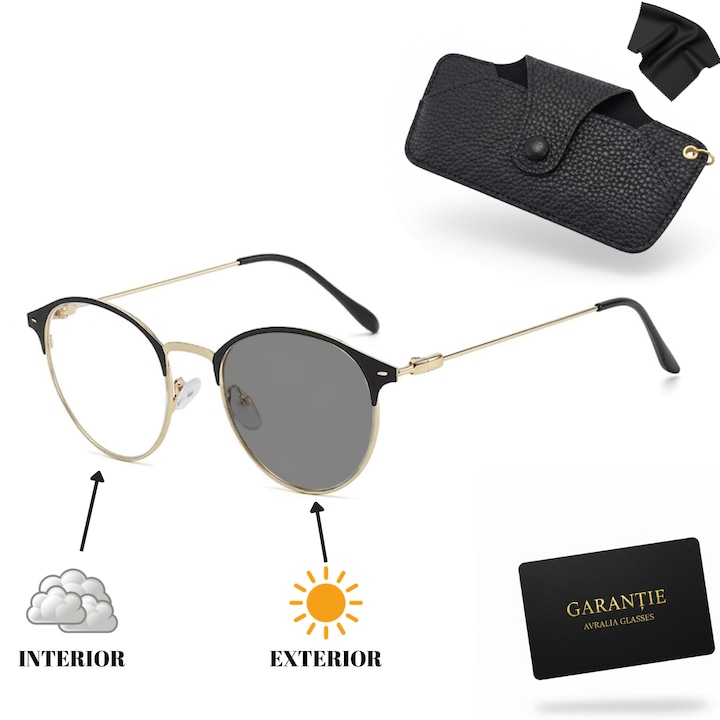Ochelari Fotocromatici Femei Polarizati UV400, Anti-Lumina Albastra, Protectie Calculator, Rama Metal Negru Auriu Premium, Toc + Garantie - Avralia