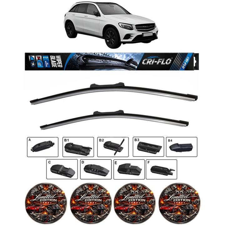 Set 2 stergatoare MERCEDES-BENZ GLC (X253) din 2015-2022, pentru parbriz auto, Cri-Flo, din cauciuc siliconat rezistent, 4 Stickere Auto
