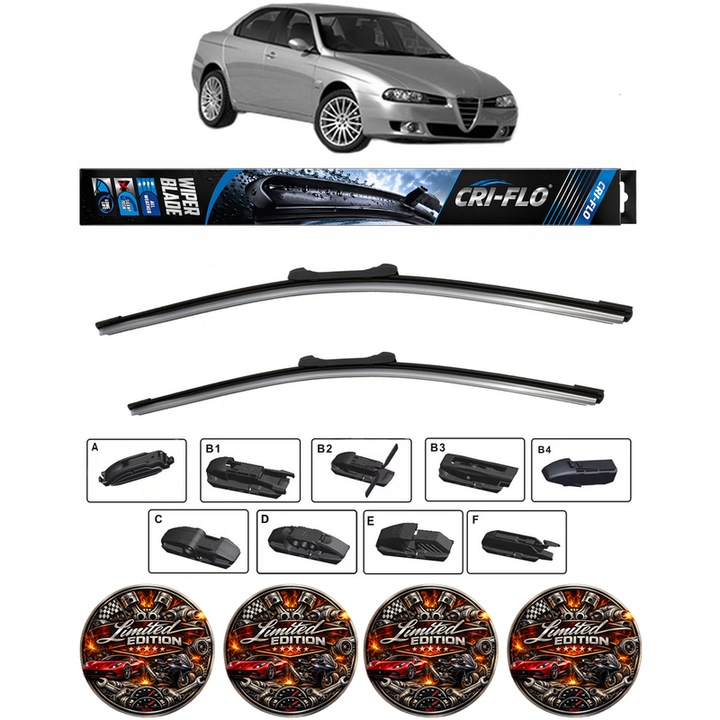 Set 2 stergatoare ALFA ROMEO 156 (932) din 1997-2005, pentru parbriz auto, Cri-Flo, din cauciuc siliconat rezistent, 4 Stickere Auto