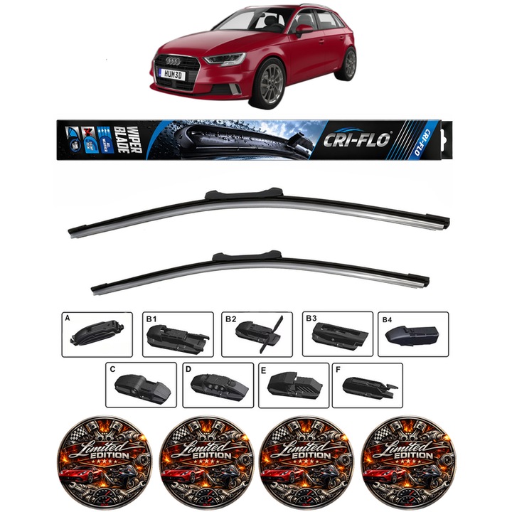Set 2 stergatoare AUDI A3 Sportback (8YA, 8YF) din 2019-2024, pentru parbriz auto, Cri-Flo, din cauciuc siliconat rezistent, 4 Stickere Auto