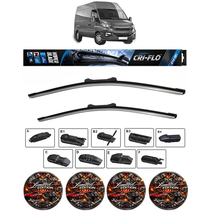 Set 2 stergatoare IVECO DAILY VI Van din 2014-2022, pentru parbriz auto, Cri-Flo, din cauciuc siliconat rezistent, 4 Stickere Auto